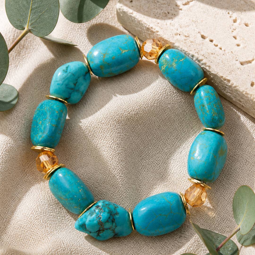Barse Honeyed Sky blue magnesite bracelet with crystal accents, styled lifestyle view.