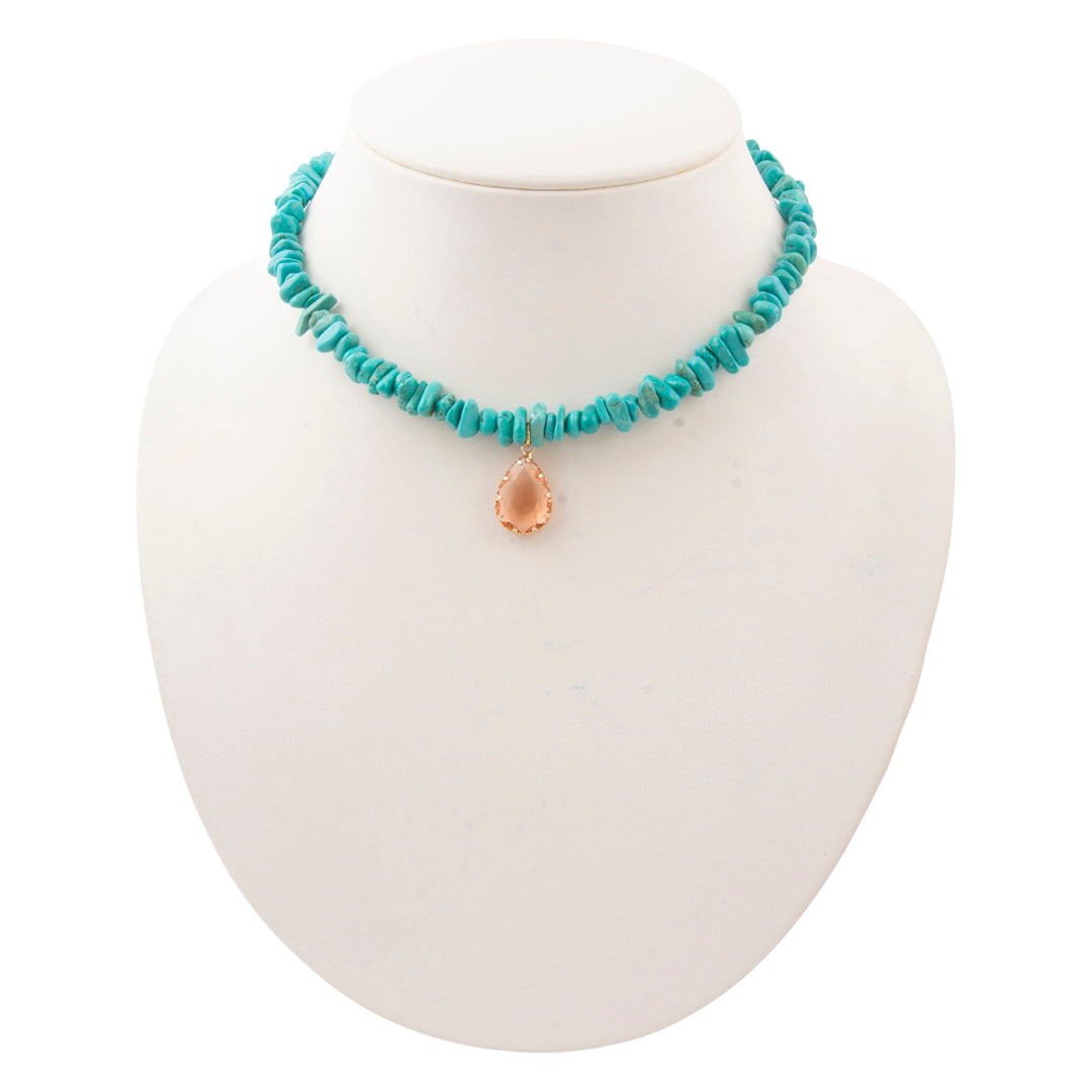Barse Honeyed Sky blue magnesite and crystal drop necklace, front view on white display bust.