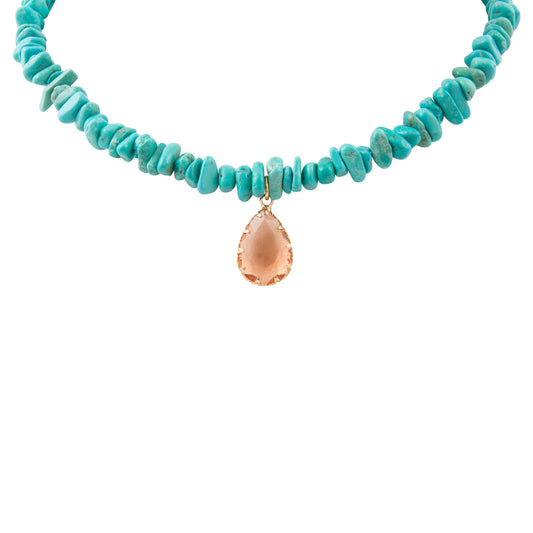 Barse Honeyed Sky blue magnesite and crystal drop necklace, close view of magnesite strand and crystal drop.