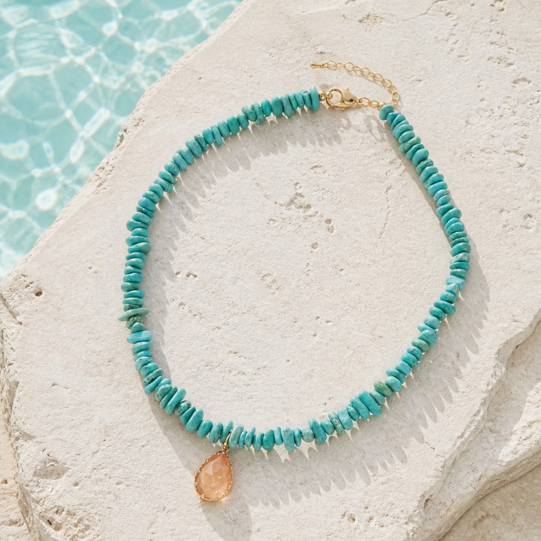 Barse Honeyed Sky blue magnesite and crystal drop necklace, styled lifestyle view.