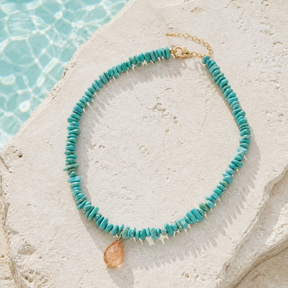 Barse Honeyed Sky blue magnesite and crystal drop necklace, styled lifestyle view.