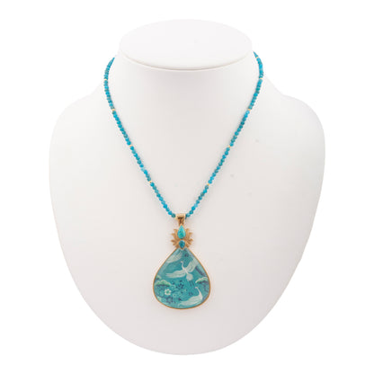 Heron Flight Blue Teal Apatite Golden Pendant Necklace