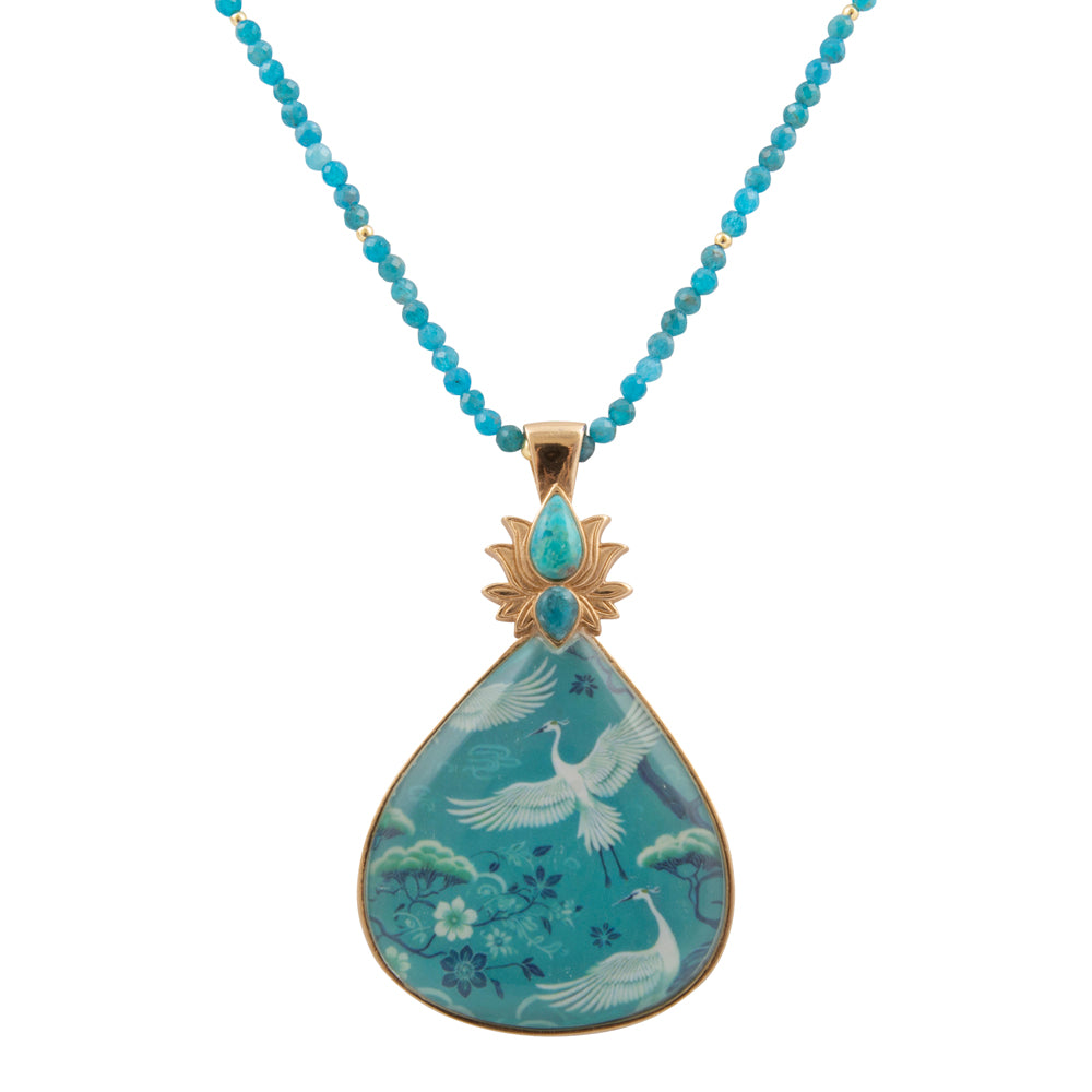 Heron Flight Blue Teal Apatite Golden Pendant Necklace