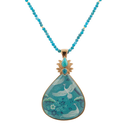 Heron Flight Blue Teal Apatite Golden Pendant Necklace