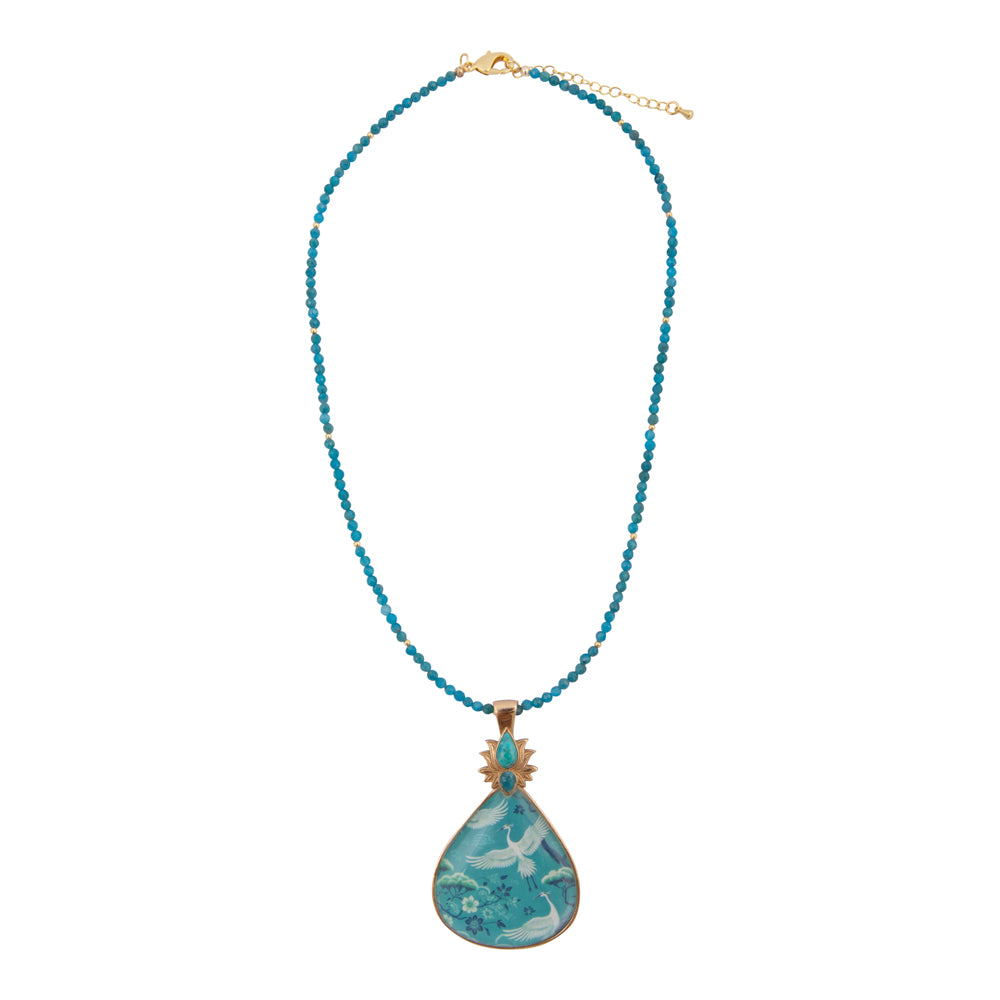 Heron Flight Blue Teal Apatite Golden Pendant Necklace
