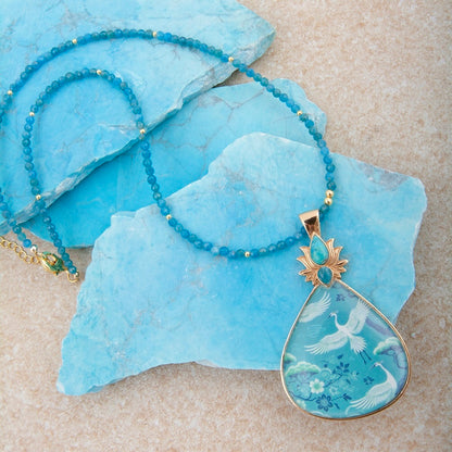 Heron Flight Blue Teal Apatite Golden Pendant Necklace