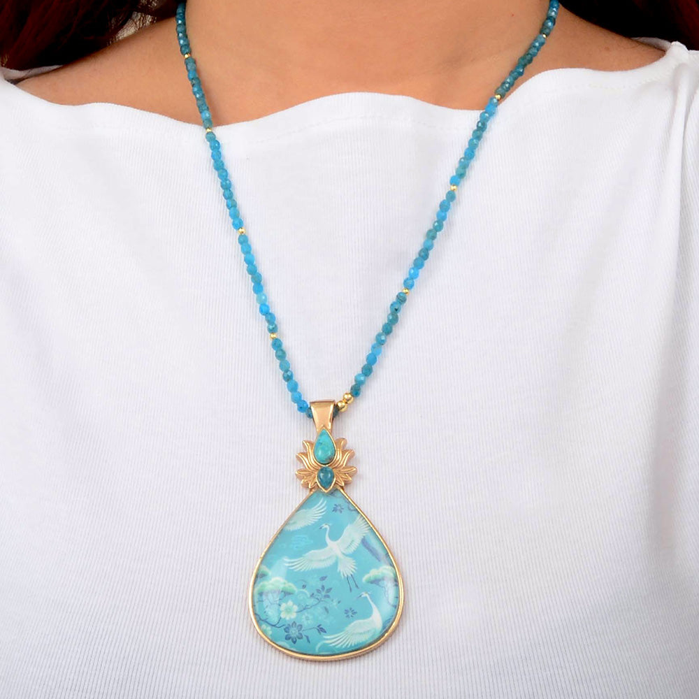 Heron Flight Blue Teal Apatite Golden Pendant Necklace