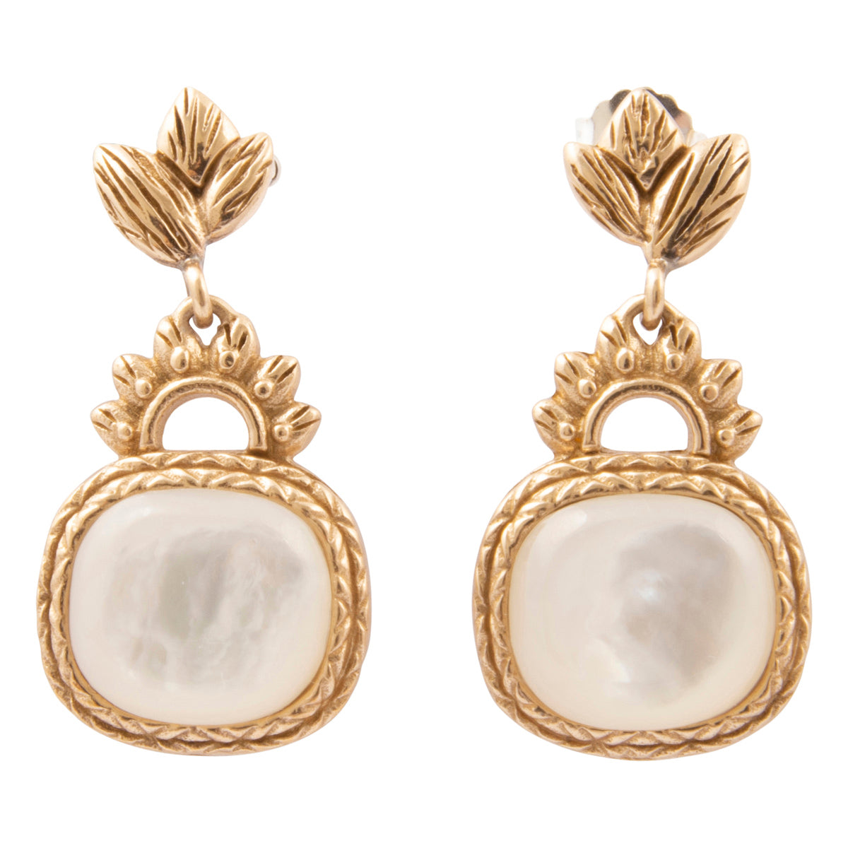 Golden Leaves and White Mother of Pearl Drop Earrings