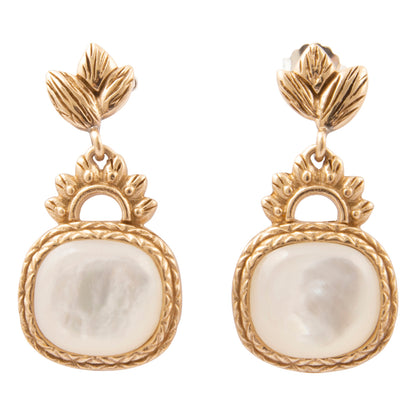 Golden Leaves and White Mother of Pearl Drop Earrings