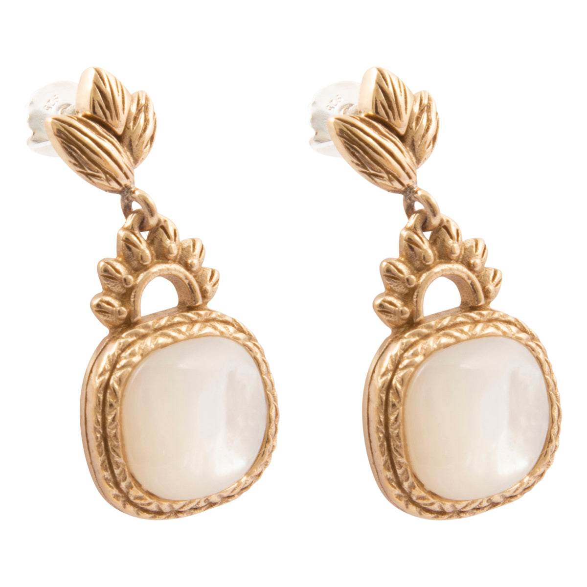 Golden Leaves and White Mother of Pearl Drop Earrings