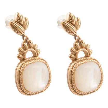 Golden Leaves and White Mother of Pearl Drop Earrings