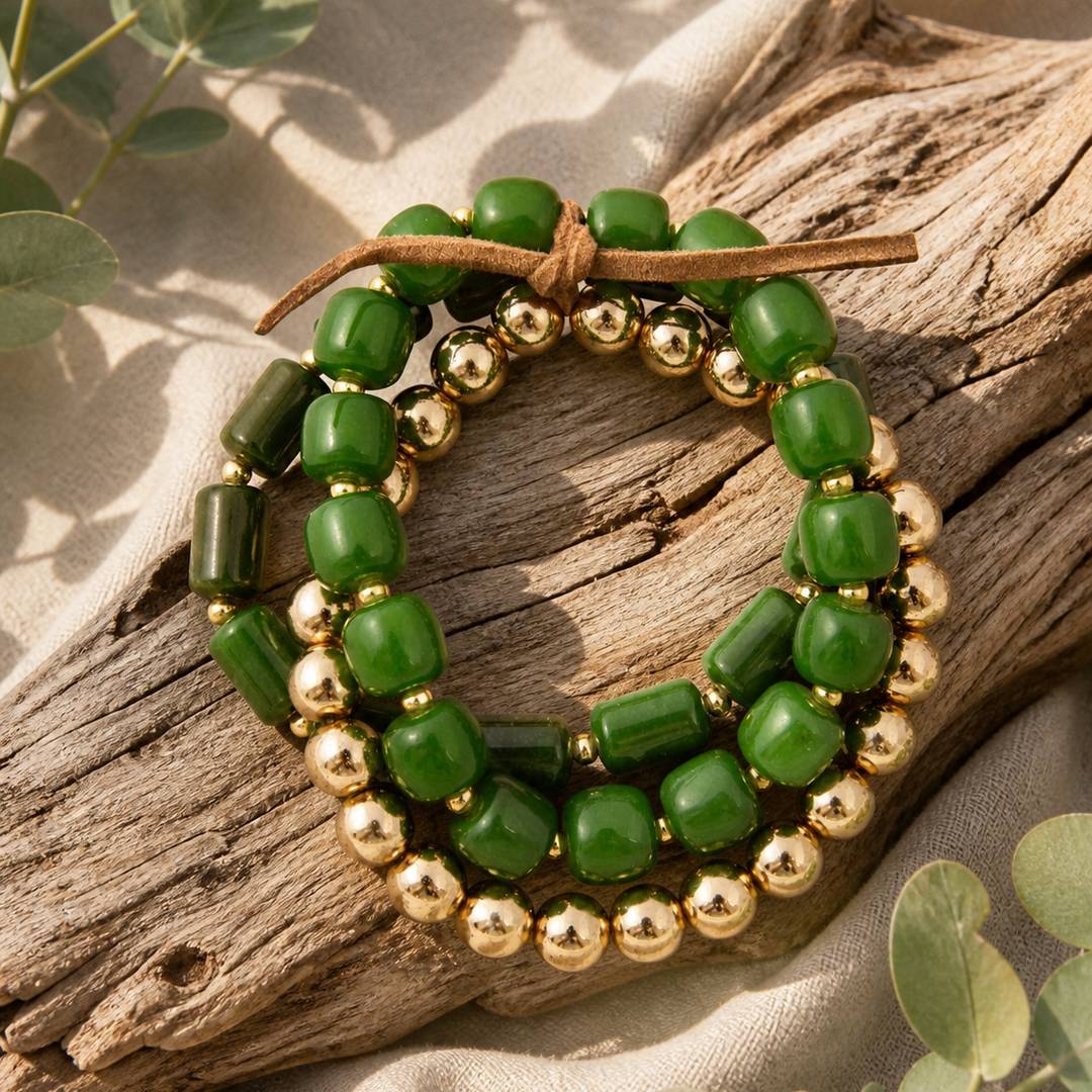 Azure Green Jade Golden Stretch Bracelet Set