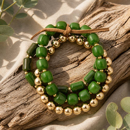 Azure Green Jade Golden Stretch Bracelet Set