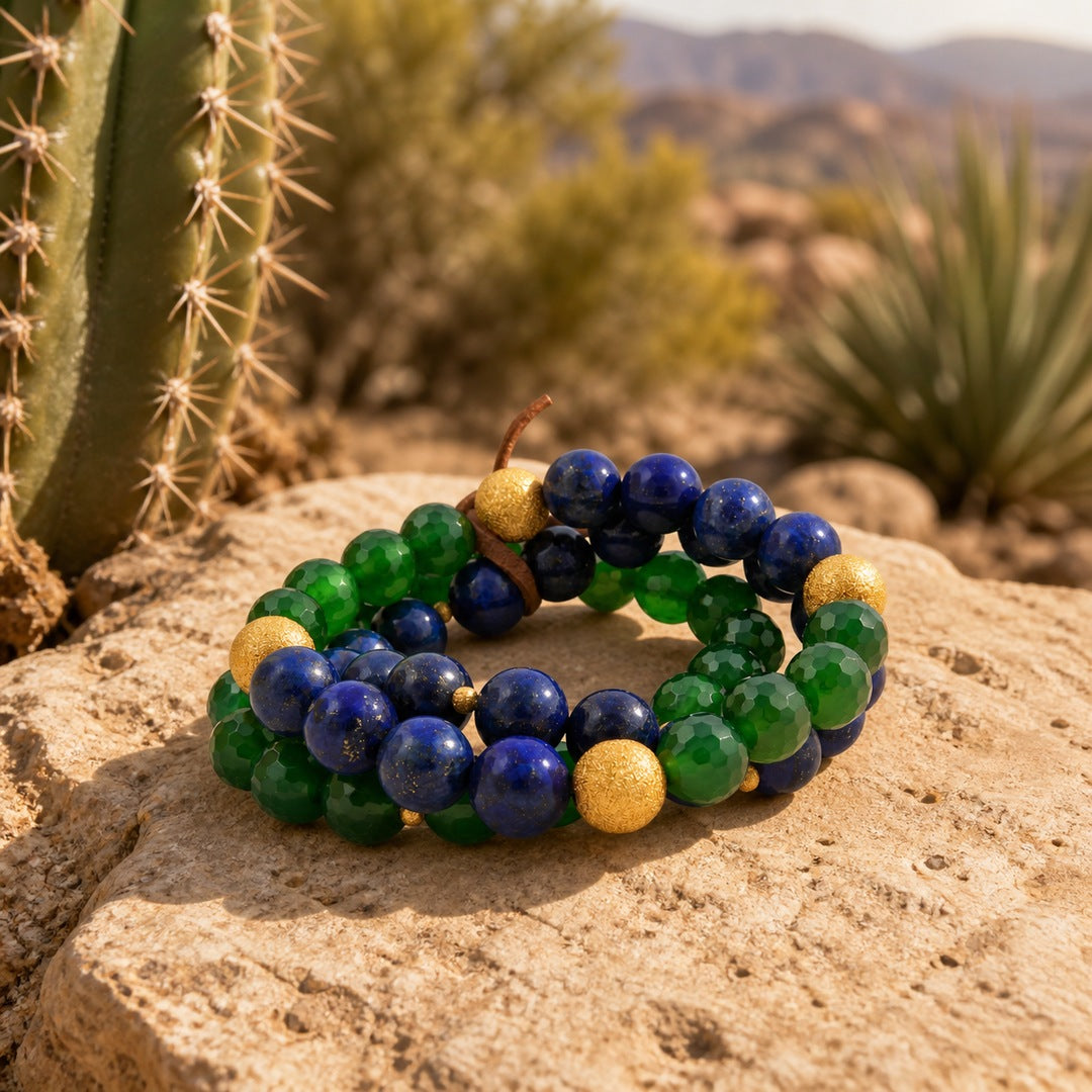 Barse Midnight Garden lapis lazuli and green agate three-bracelet set, styled lifestyle view.