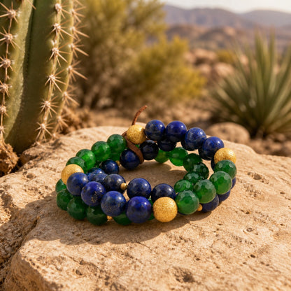 Barse Midnight Garden lapis lazuli and green agate three-bracelet set, styled lifestyle view.