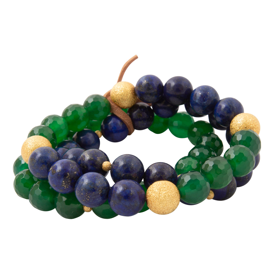 Barse Midnight Garden lapis lazuli and green agate three-bracelet set, side view on white.