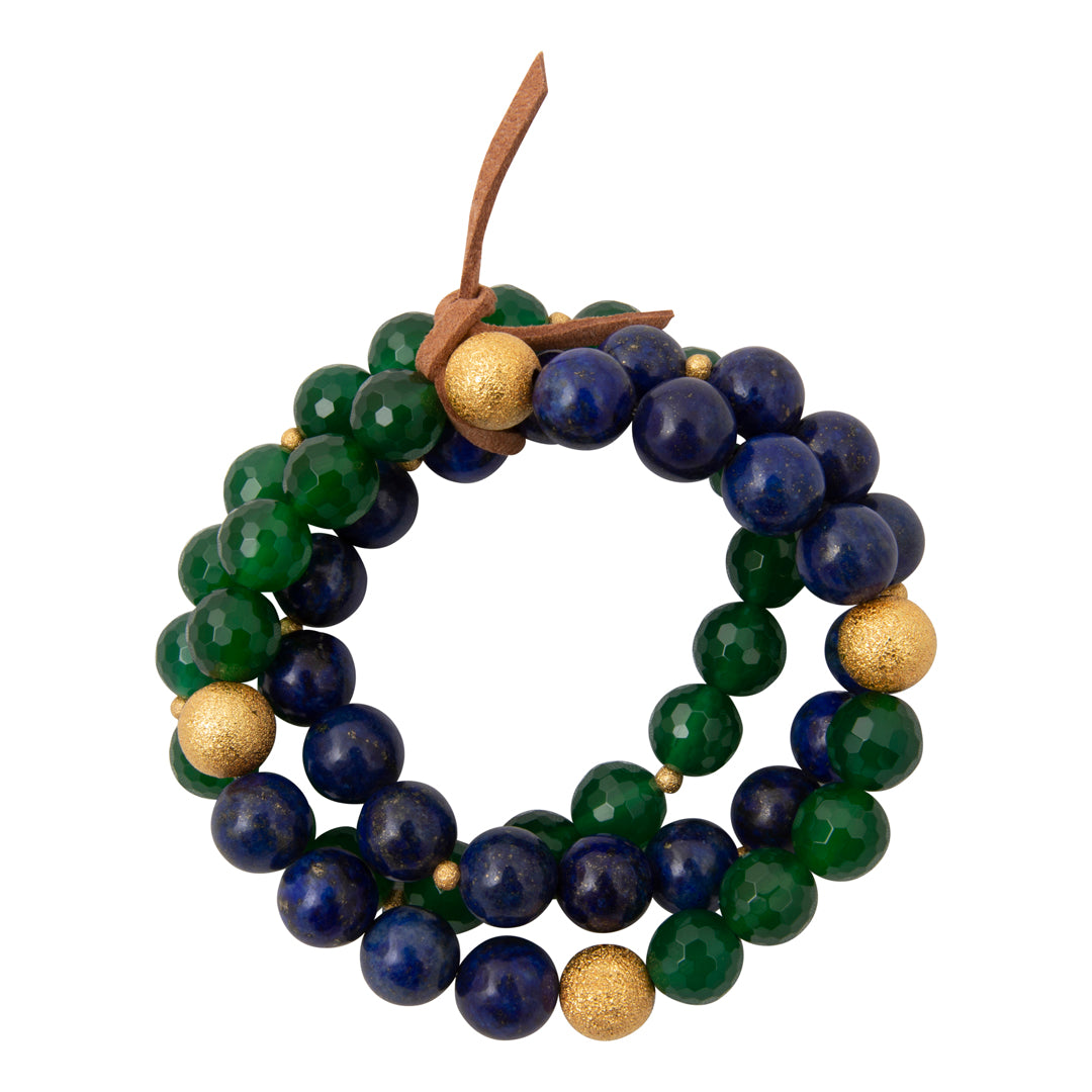 Barse Midnight Garden lapis lazuli and green agate three-bracelet set, front view on white.