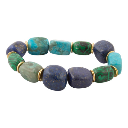 A beaded stretch bracelet featuring natural stone beads in turquoise, lapis lazuli, malachite, and green stone, separated by small gold spacer rings, shown on a plain white background.