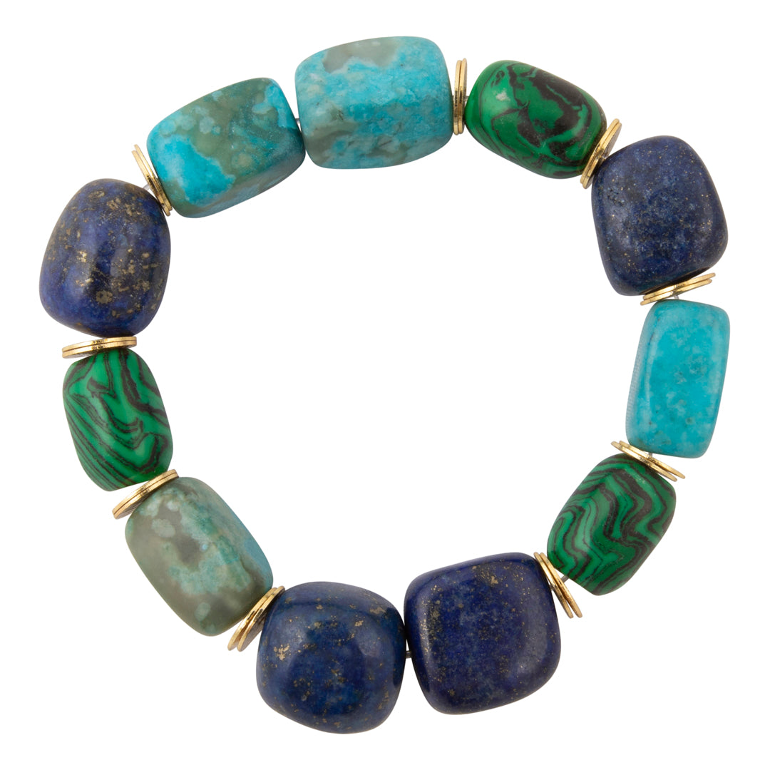 A beaded stretch bracelet featuring polished stone beads in turquoise, green malachite, lapis lazuli, and dark blue, separated by small gold spacers, shown on a solid white background.