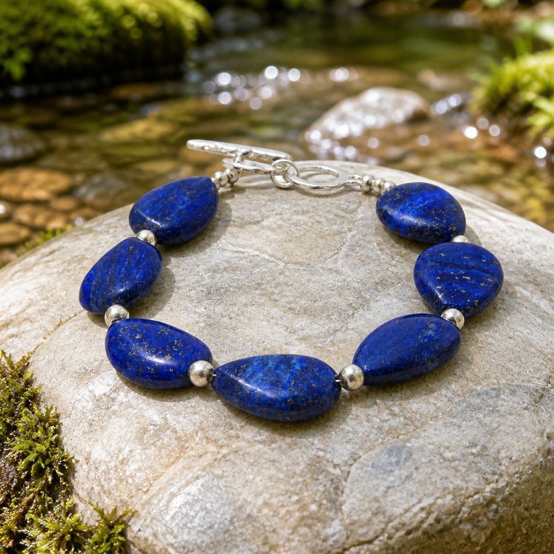 A beaded bracelet made of deep blue lapis lazuli stones separated by small silver spacer beads and finished with a silver toggle clasp, displayed on a mossy rock in front of a flowing stream.