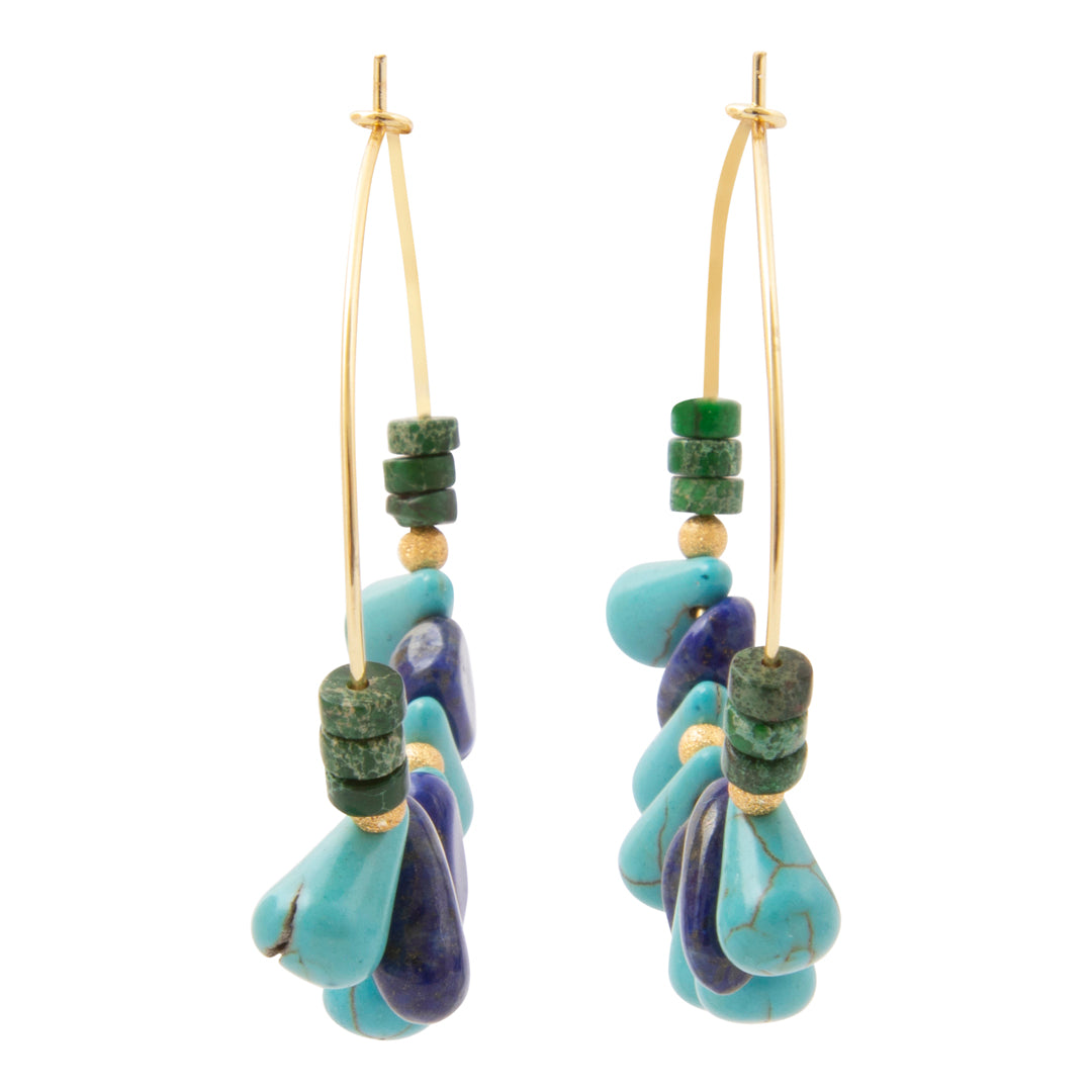 Azure Blue Lapis and Turquoise Green Malachite Golden Hoop Earrings - front view