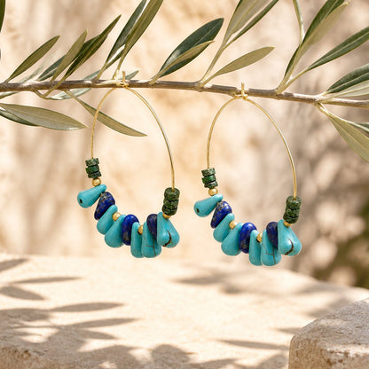 Azure Blue Lapis and Turquoise Green Malachite Golden Hoop Earrings - lifestyle view