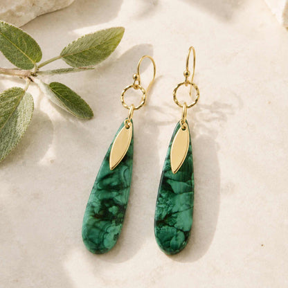 Azure Green Malachite Golden Drop Earrings