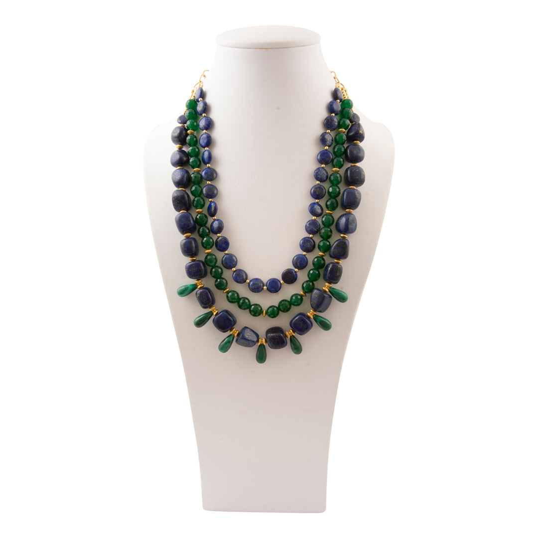 Barse Midnight Garden lapis lazuli and green agate layered statement necklace, front view on white display bust.