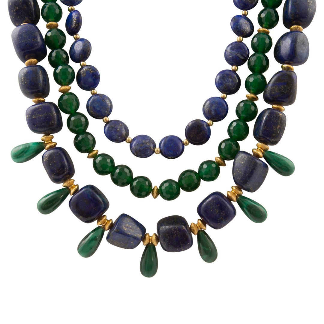 Barse Midnight Garden lapis lazuli and green agate layered statement necklace, close view of the layered stone strands.