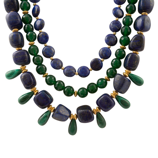 Barse Midnight Garden lapis lazuli and green agate layered statement necklace, close view of the layered stone strands.