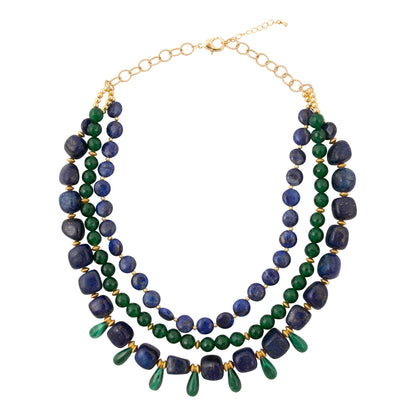 Barse Midnight Garden lapis lazuli and green agate layered statement necklace, flat alternate view on white.