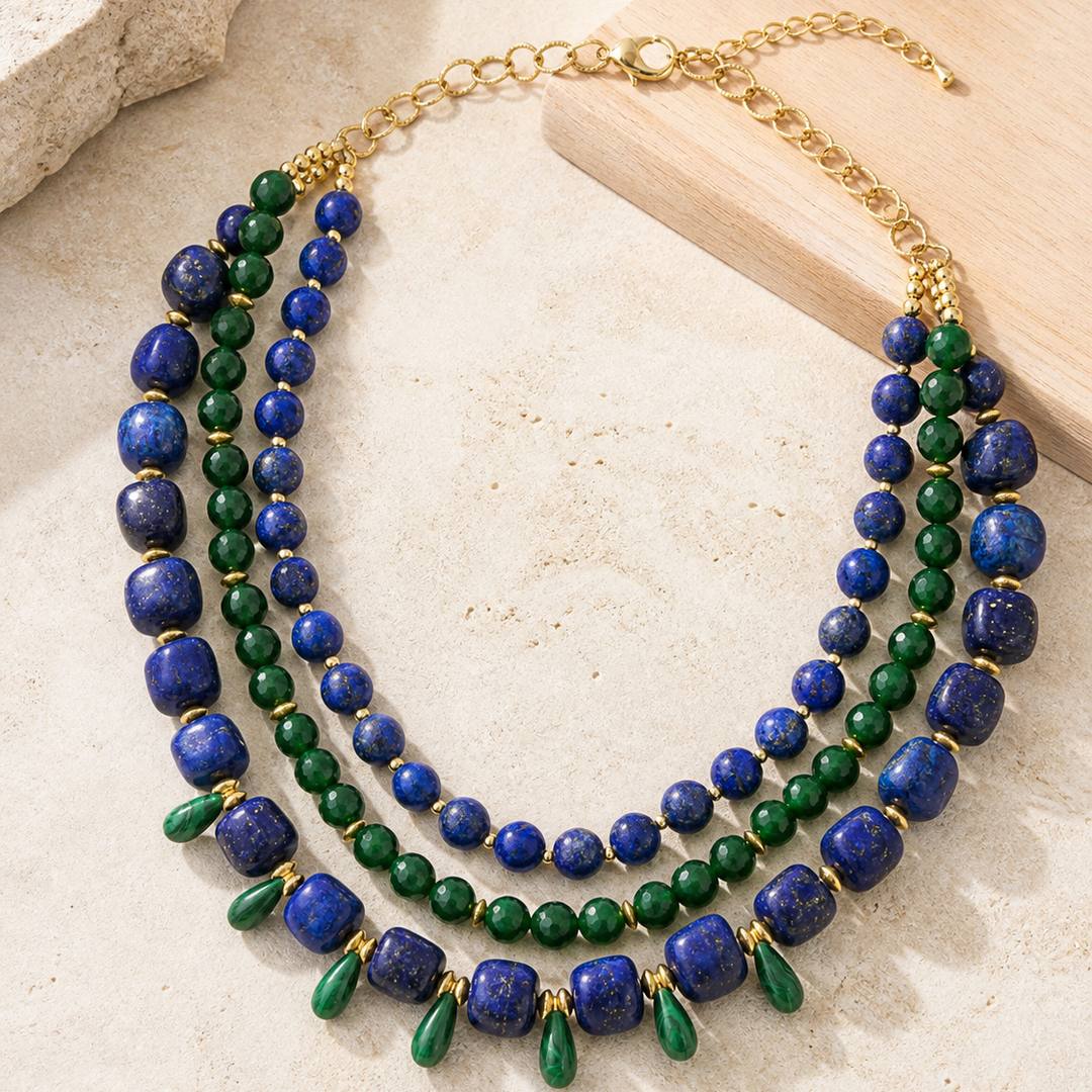Barse Midnight Garden lapis lazuli and green agate layered statement necklace, styled lifestyle view.
