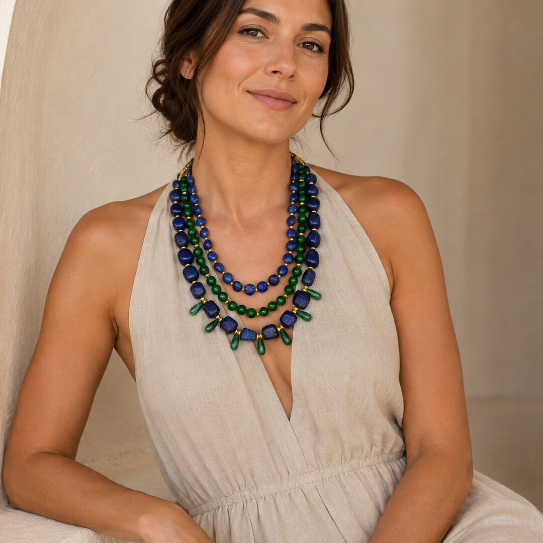 Barse Midnight Garden lapis lazuli and green agate layered statement necklace, on model wearing only the sold necklace.