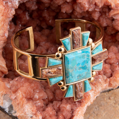 Santa Fe Blue Turquoise Golden Statement Cuff Bracelet