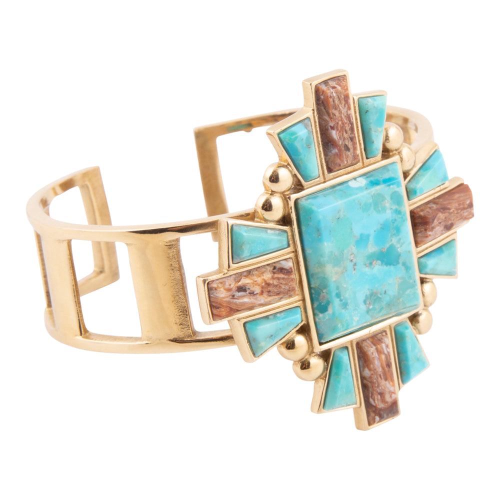 Santa Fe Blue Turquoise Golden Statement Cuff Bracelet