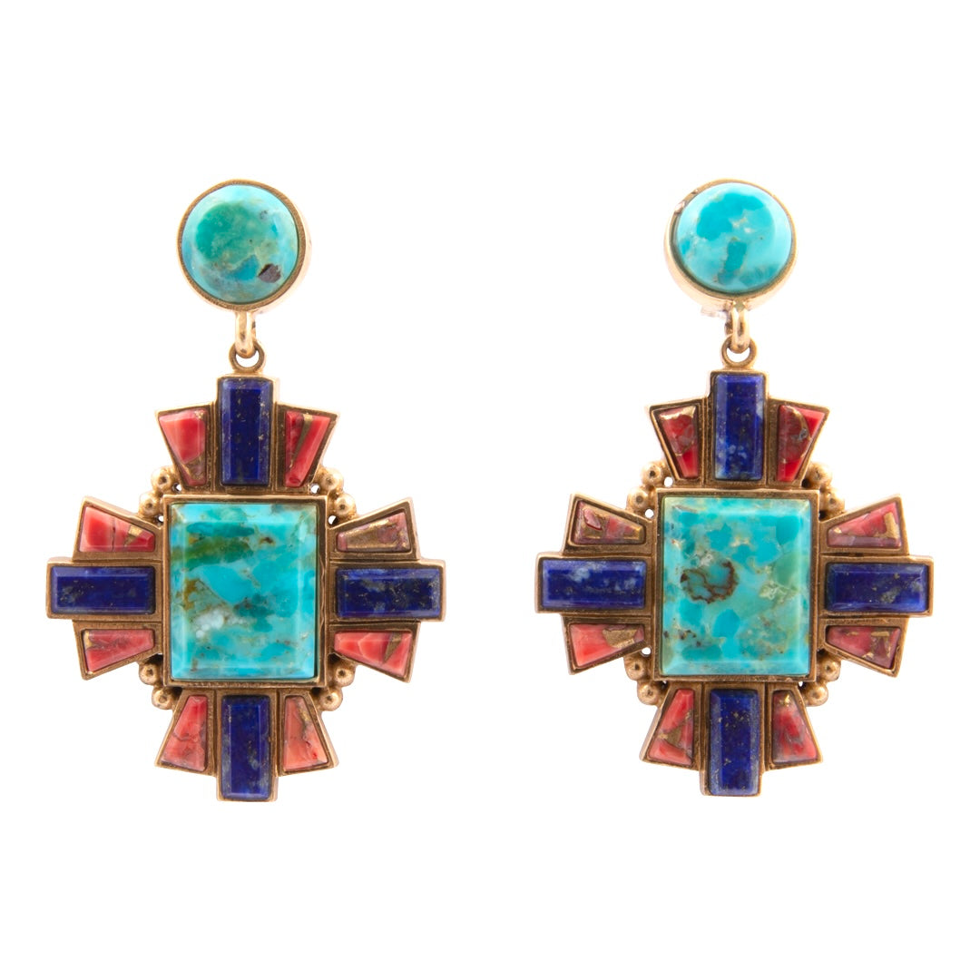 Pair of earrings with turquoise and gold design on a white background