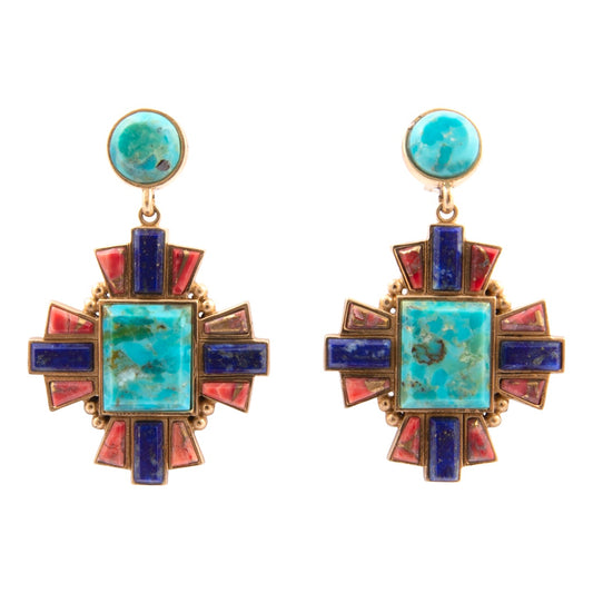Pair of earrings with turquoise and gold design on a white background