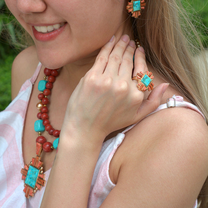 Santa Fe Blue Turquoise and Copper Opal Golden Statement Ring