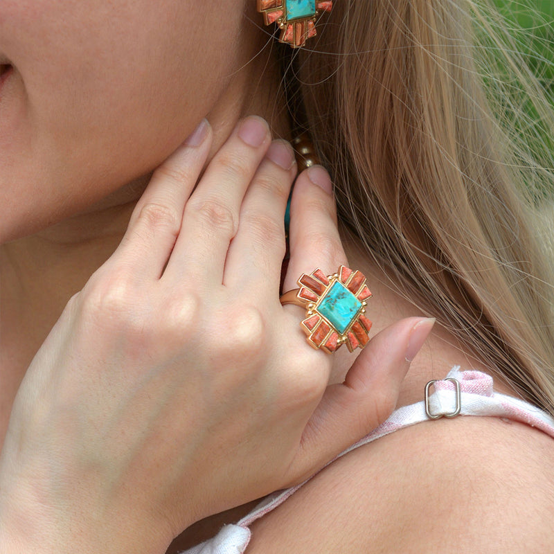 Santa Fe Blue Turquoise and Copper Opal Golden Statement Ring