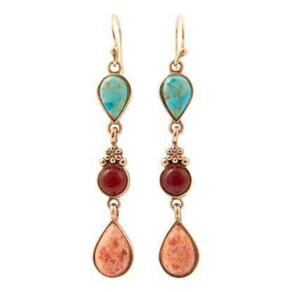 Sundown Blue Turquoise Orange Coral Golden Drop Earrings