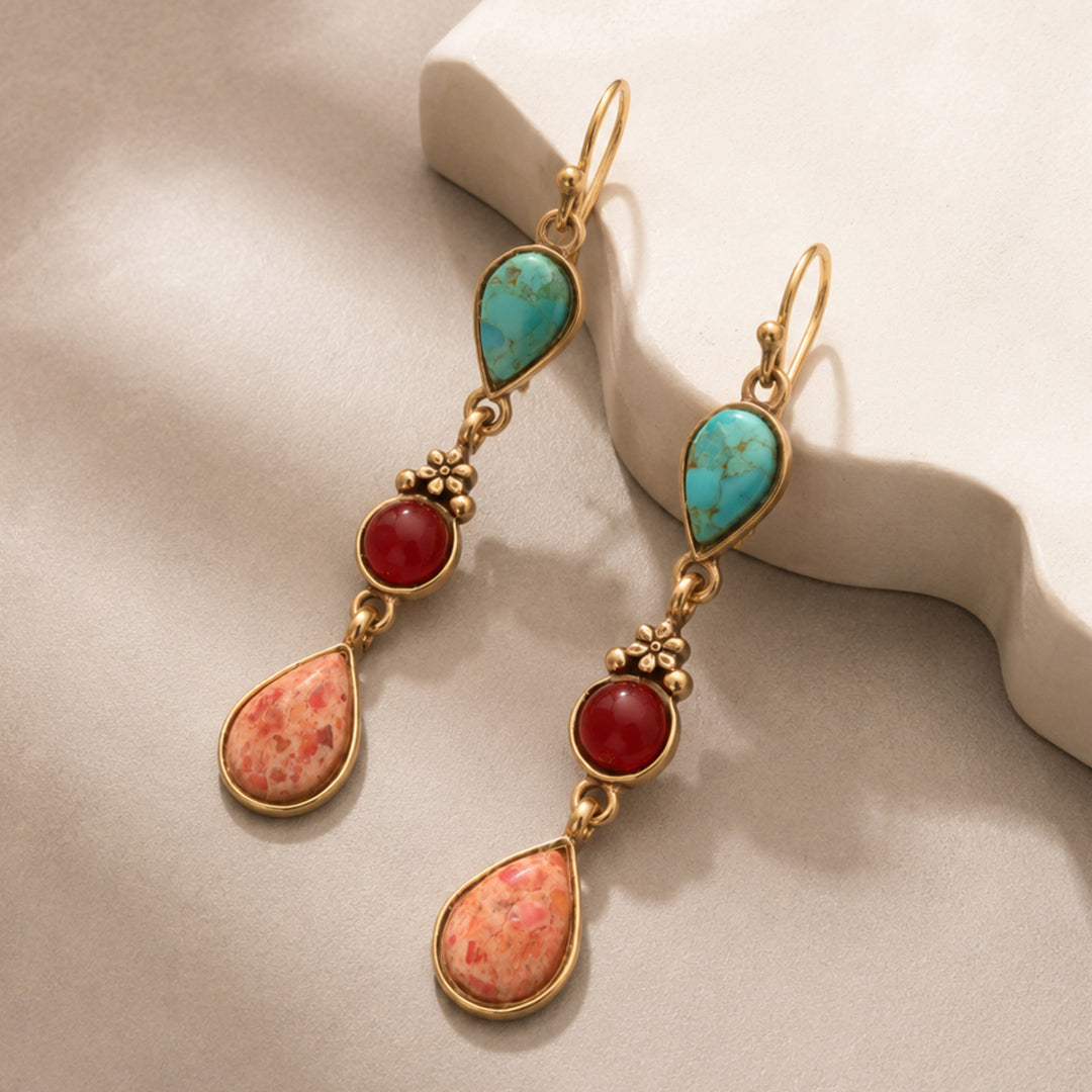 Sundown Blue Turquoise Orange Coral Golden Drop Earrings