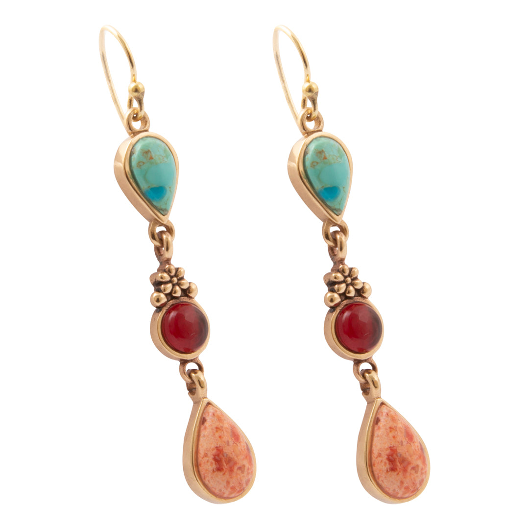 Sundown Blue Turquoise Orange Coral Golden Drop Earrings