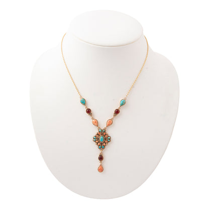 Sundown Blue Turquoise Orange Coral Golden Y Necklace