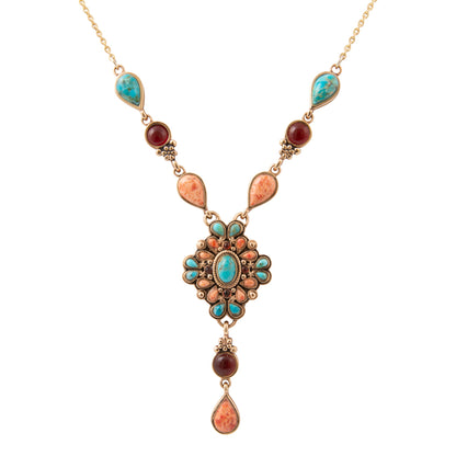 Sundown Blue Turquoise Orange Coral Golden Y Necklace