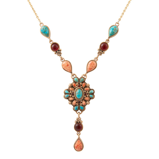 Sundown Blue Turquoise Orange Coral Golden Y Necklace