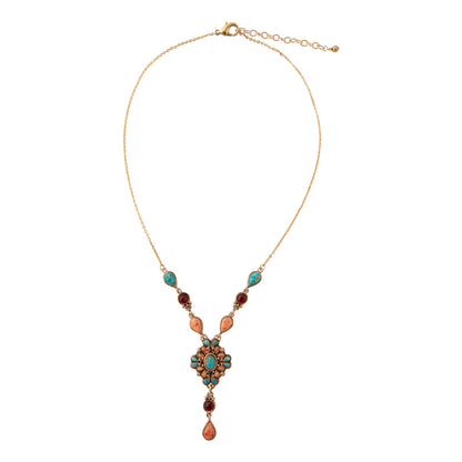 Sundown Blue Turquoise Orange Coral Golden Y Necklace