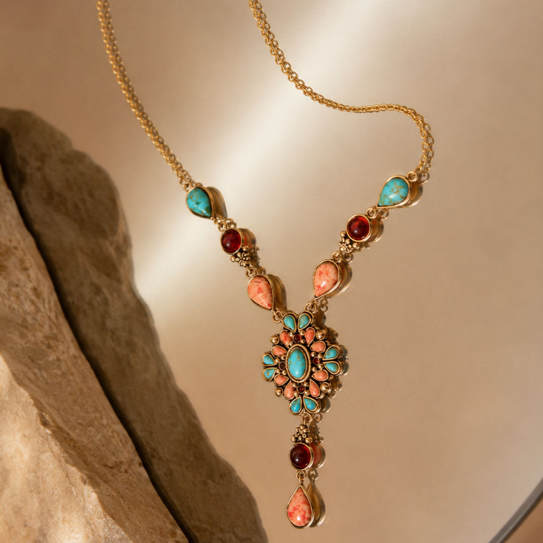 Sundown Blue Turquoise Orange Coral Golden Y Necklace
