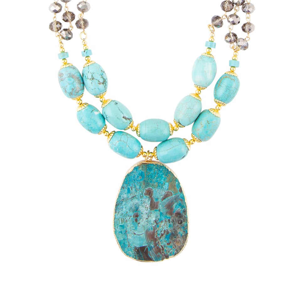 Necklace with turquoise beads and a large blue stone pendant on a white background