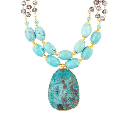 Necklace with turquoise beads and a large blue stone pendant on a white background