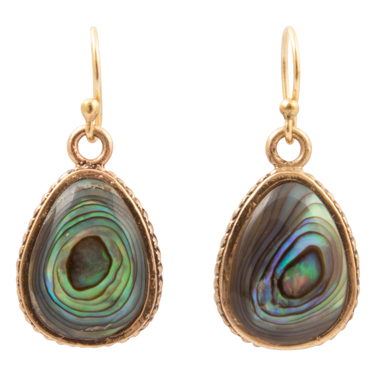 A pair of gold drop earrings featuring teardrop-shaped abalone shell inlays with iridescent green, blue, and gray patterns, set in textured gold bezels with gold French hook wires.